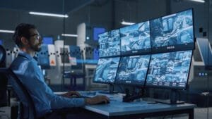 A comprehensive visual guide showing the layers of security: a security agent performing intense cctv monitoring in a control room, high-definition cameras in a warehouse, mobile app surveillance, and keycard access control, all part of professional remote cctv monitoring services.
