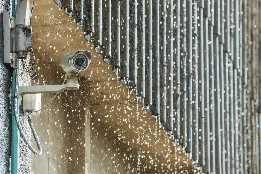 Outdoor CCTV camera mounted on a wall, functioning in heavy rain, demonstrating durability and reliability for commercial use.

