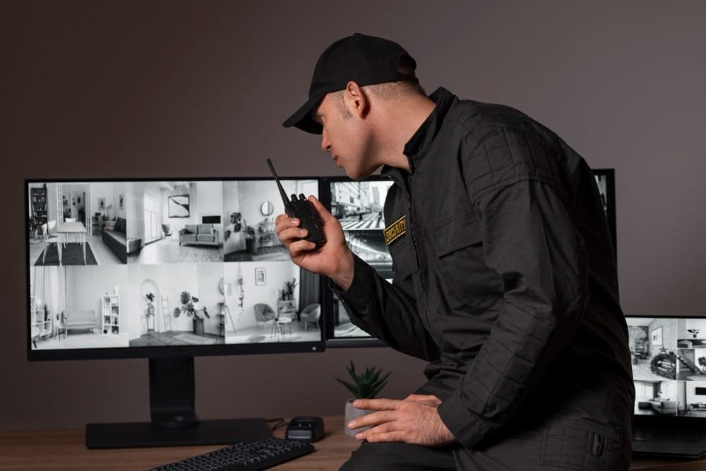 A security professional using Remote CCTV Monitoring Services to oversee multiple live feeds, ensuring 24/7 business security