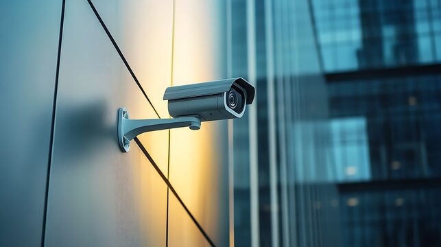 Outdoor bullet-style security camera installed on a glass-paneled building, representing reliable surveillance services and business security.