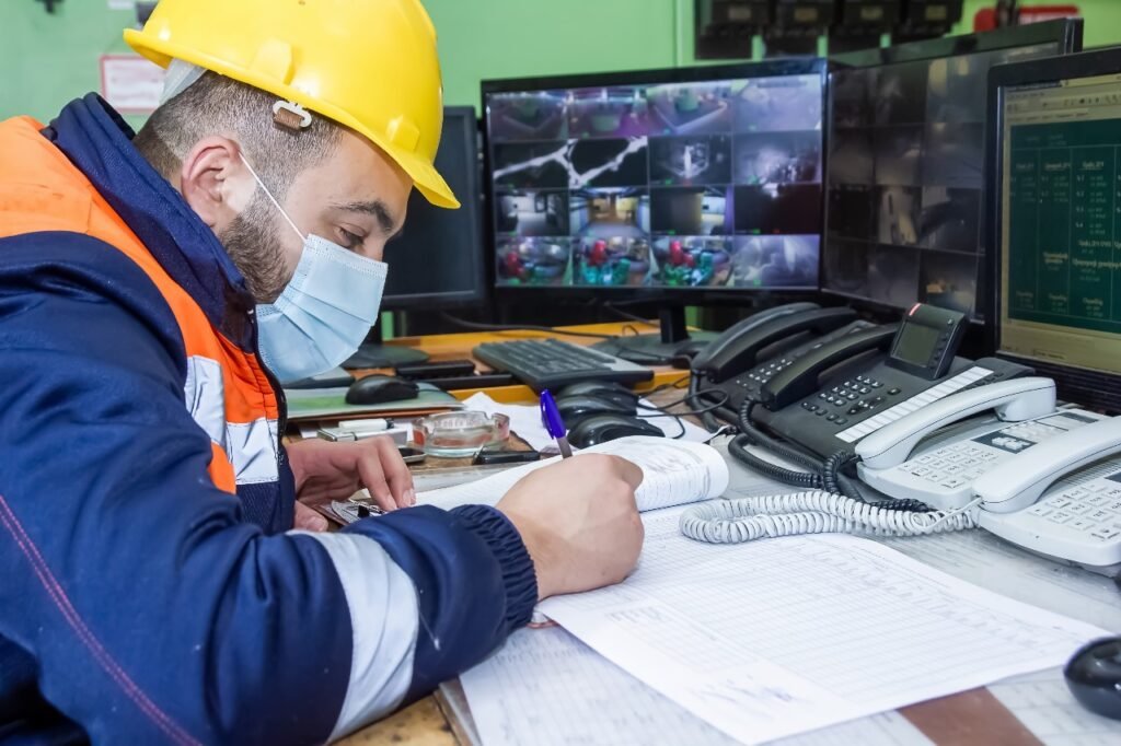 Construction site at night with illuminated high-definition security cameras mounted on poles, monitoring heavy machinery and fenced perimeter under GCCTVMS surveillance