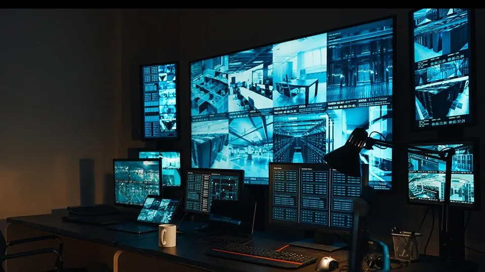 Modern Surveillance center with rows of desks and computer screens showing live video feeds, highlighting live CCTV monitoring and video surveillance.
