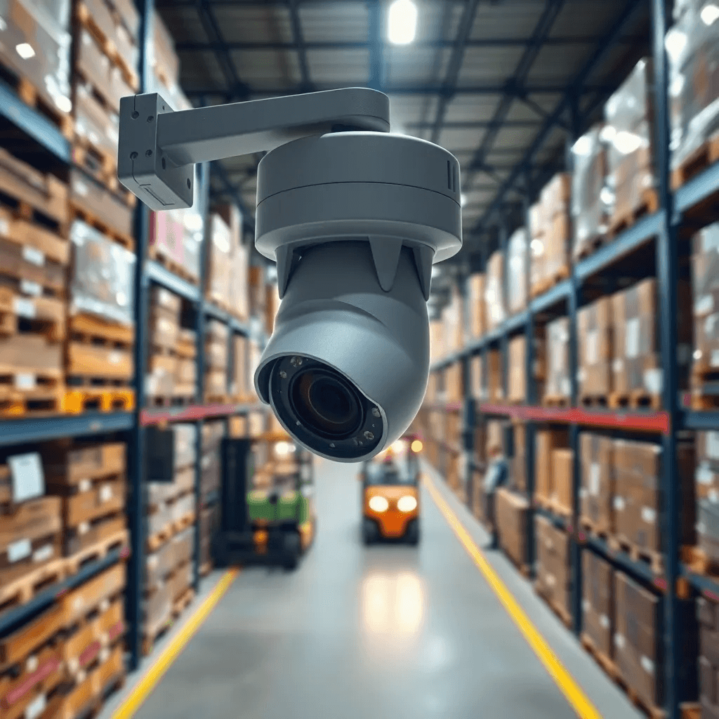 A close-up of a professional surveillance camera mounted inside a Warehouse aisle, providing coverage as part of a Warehouse CCTV Monitoring Services plan.