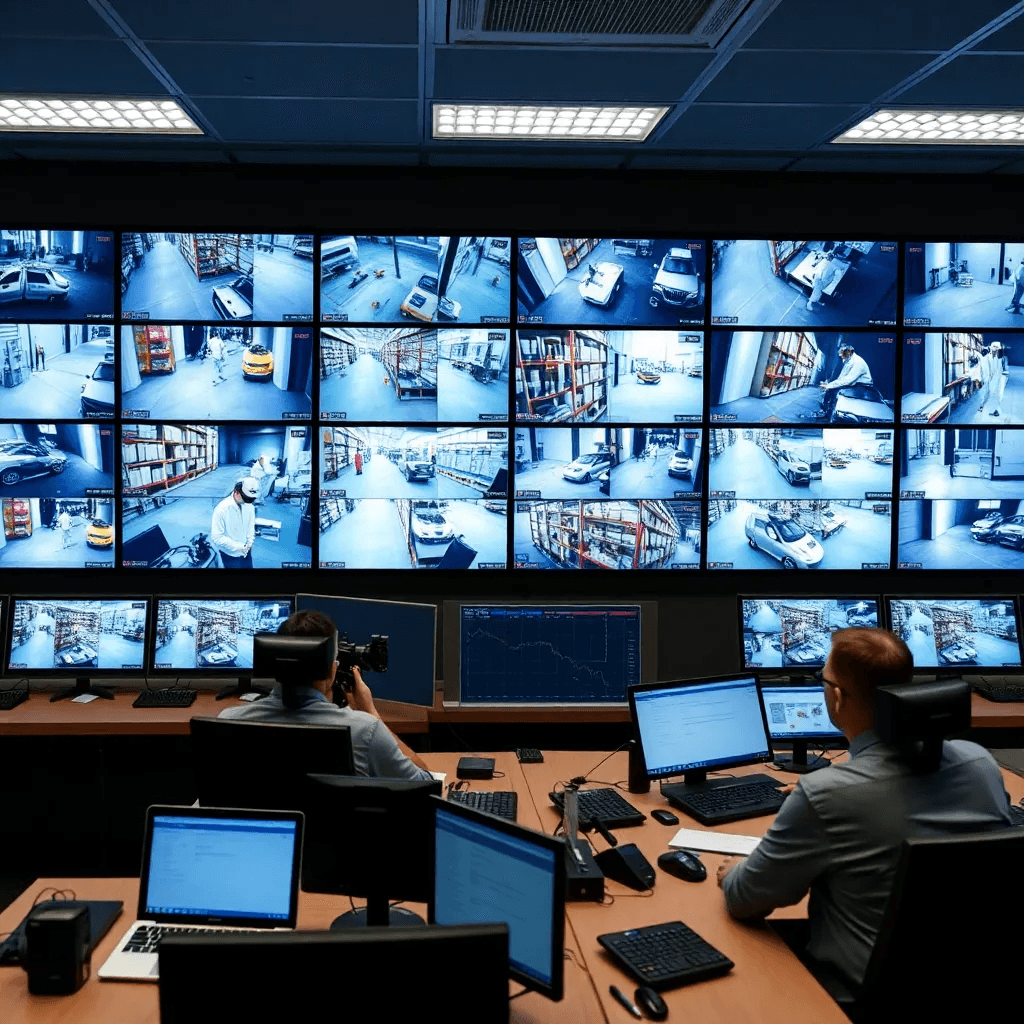 Two security operators in a dark control room monitoring a large video wall displaying multiple camera feeds, delivering professional Warehouse CCTV Monitoring Services for a large Warehouse.