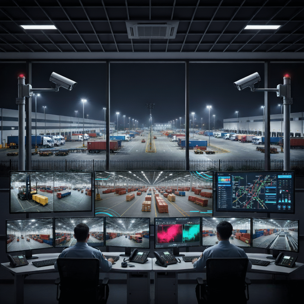 Nighttime Logistics Control Room with Dual Operators Monitoring Live CCTV Feeds Across Warehouse, Yard, and Thermal Imaging Screens