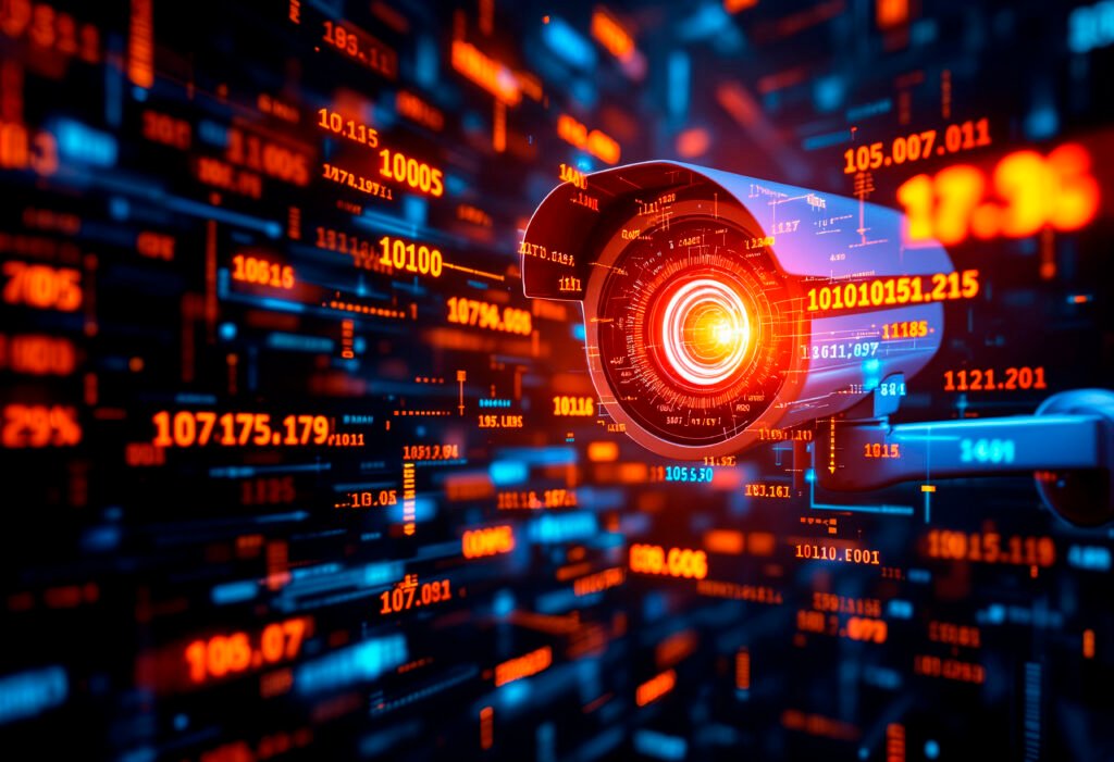 A futuristic, digital-style image of a surveillance camera surrounded by glowing red and blue binary code and numerical data, representing high-tech CCTV monitoring and digital security analysis.