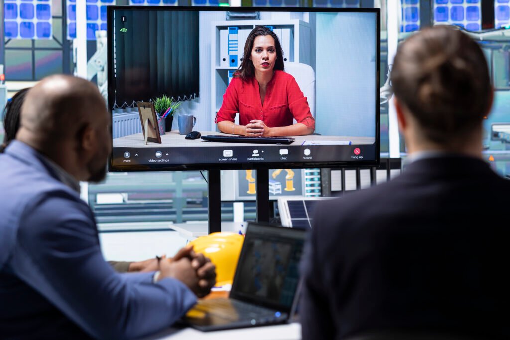 Two security professionals in suits facing multiple dark monitors, one pointing at a screen showing people in a parking lot, illustrating active CCTV Monitoring and 24/7 CCTV Monitoring of potential threats.