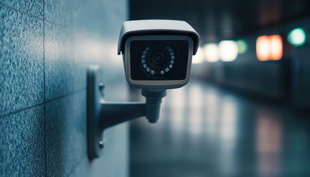 A close-up of a white and black security camera mounted on a textured wall in a dimly lit indoor corridor, showcasing the equipment used by top surveillance companies.