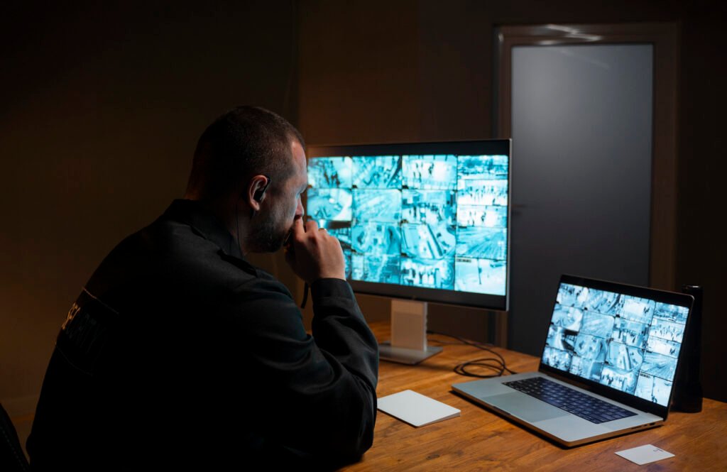 A collage of images depicting comprehensive security: a focused operator performing Affordable cctv monitoring in a control room, high-definition cameras in a warehouse, mobile surveillance views, and access control systems, showcasing cost-effective security solutions.