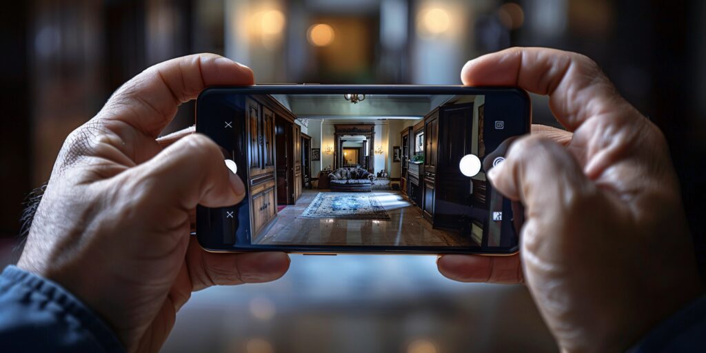 Hands holding a smartphone horizontally, displaying a well-furnished interior room on the screen, symbolizing mobile video surveillance and remote monitoring capabilities.