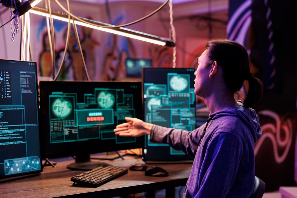 A side view of a security analyst in a dark control room, gesturing toward a computer screen displaying a "ACCESS DENIED" warning along with security data and code, illustrating work in advanced Cybersecurity