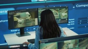 A security professional wearing a headset, viewed from behind, sitting in front of dual monitors displaying four segmented feeds of a busy road/tunnel and traffic, representing a professional CCTV Monitoring Provider.