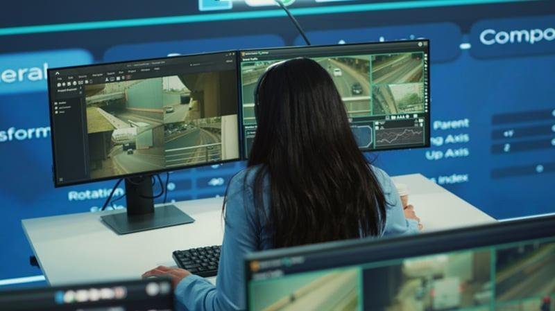 A security professional wearing a headset, viewed from behind, sitting in front of dual monitors displaying four segmented feeds of a busy road/tunnel and traffic, representing a professional CCTV Monitoring Provider.