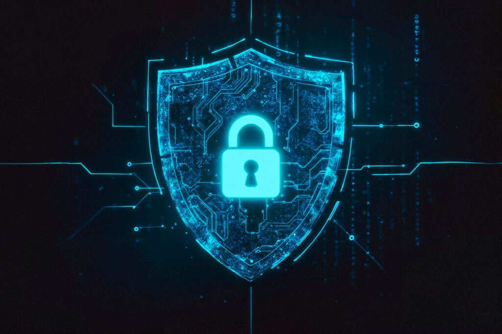 A bright blue, glowing digital representation of a shield overlaying a circuit board pattern, with a padlock icon at the center, symbolizing robust Cybersecurity and data protection.