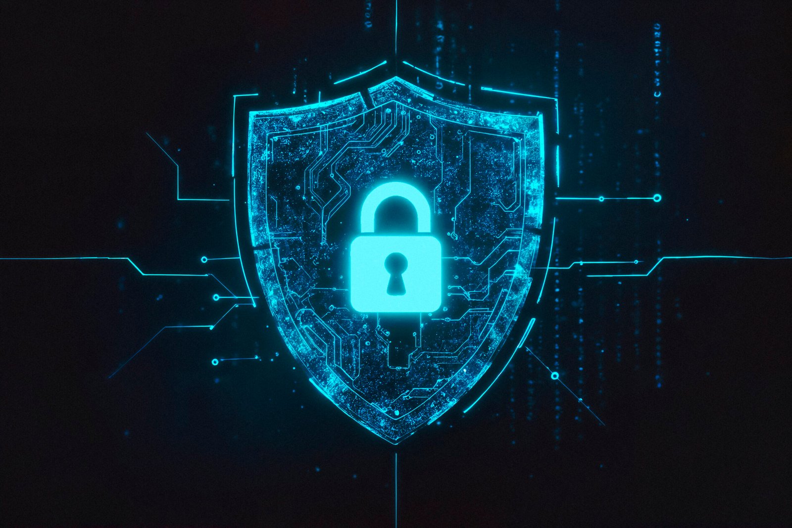 A bright blue, glowing digital representation of a shield overlaying a circuit board pattern, with a padlock icon at the center, symbolizing robust Cybersecurity and data protection.
