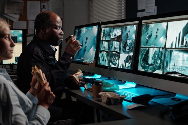 Two security guards eating and drinking while watching multiple CCTV monitoring screens.