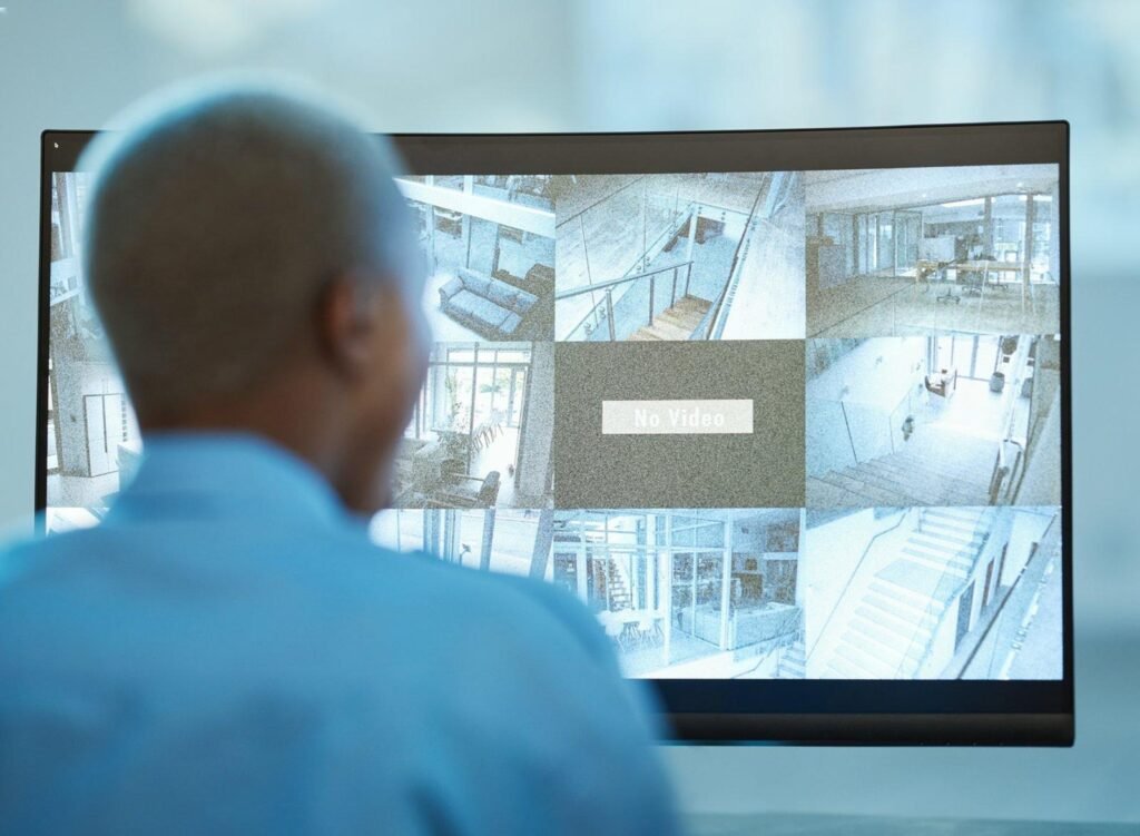 A person viewing a multi-grid monitor screen for CCTV Monitoring where one camera feed is offline, illustrating the setup of small business security systems
