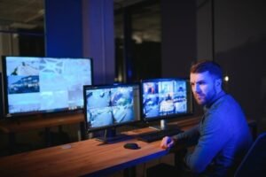 A focused security operator managing multiple screens showing live feeds for 24/7 Live CCTV Monitoring and surveillance.