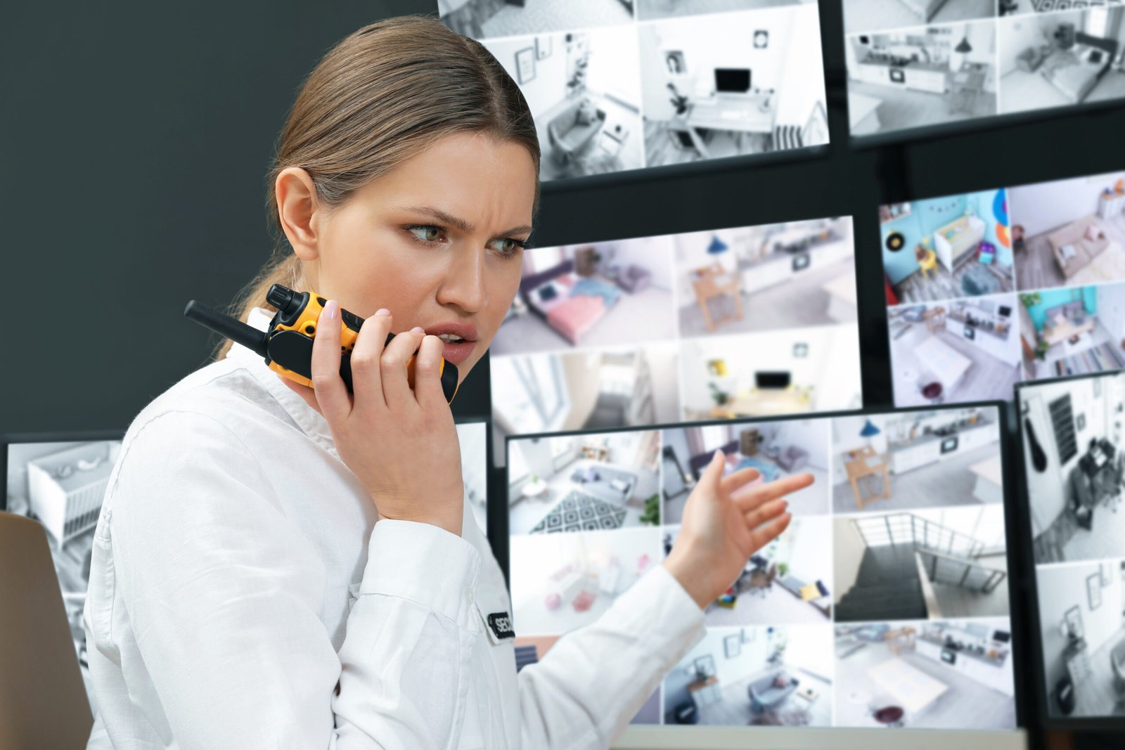 A security operator communicating via walkie-talkie while monitoring multiple CCTV surveillance screens, highlighting the human element of CCTV surveillance services