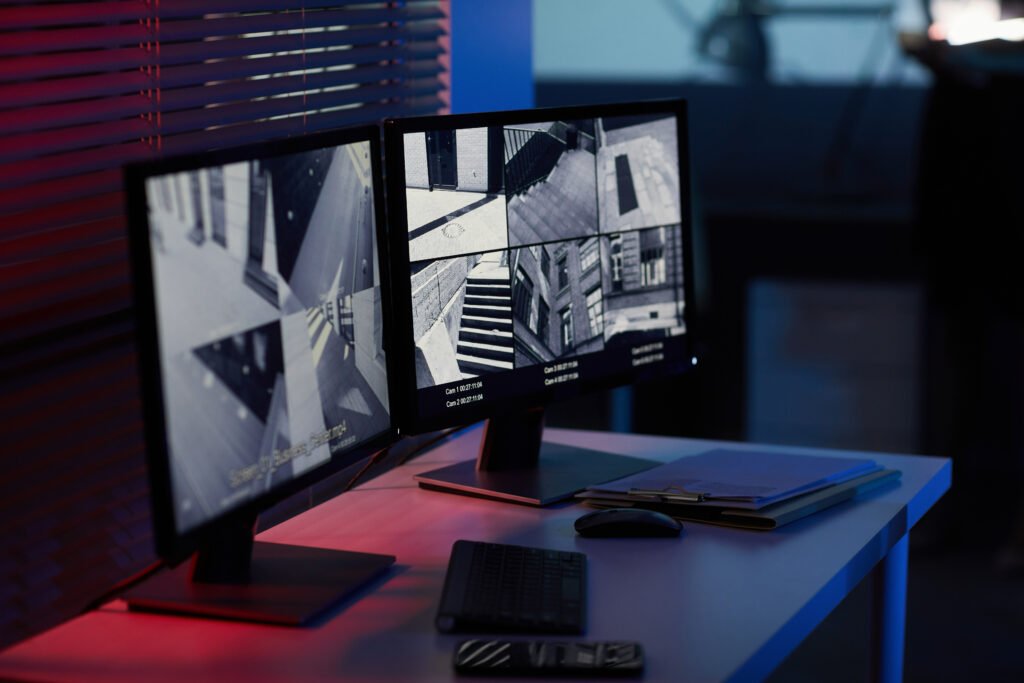 A darkened monitoring desk featuring two computer screens displaying multiple video surveillance feeds of building corridors and exteriors
