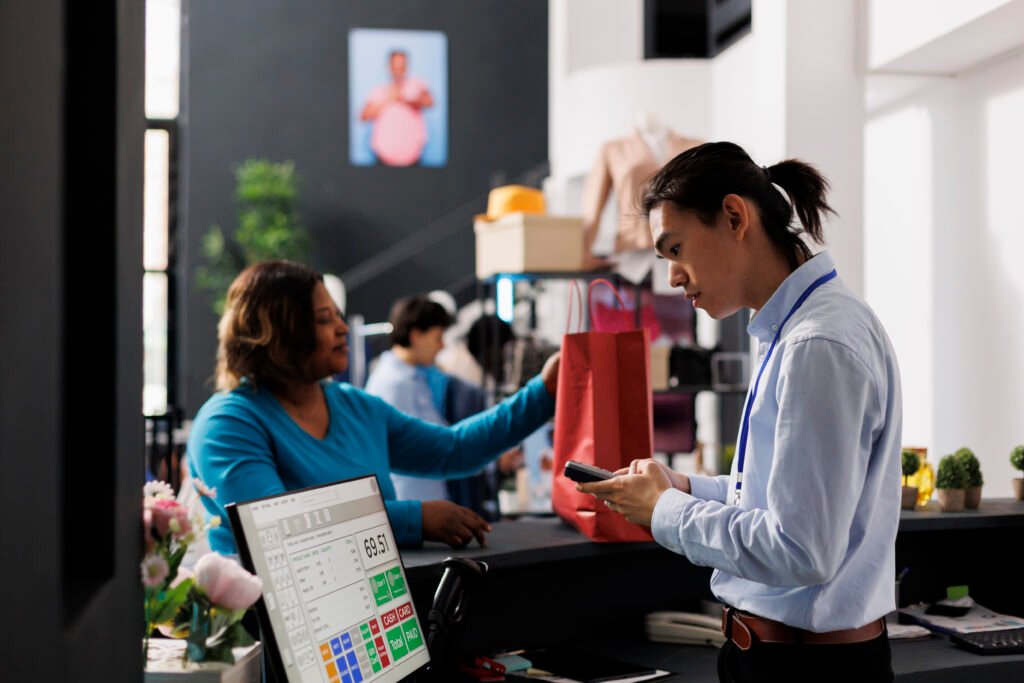 A cashier scans items for a customer at a retail counter, a scene protected by remote CCTV monitoring and small business surveillance packages