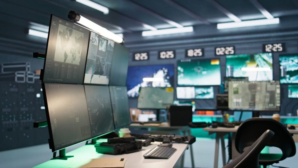 A sophisticated high-tech command center featuring a massive multi-screen array used for professional CCTV Monitoring and Video Surveillance