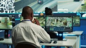 A professional security operator in a control room performing Remote CCTV Monitoring and Security Monitoring across multiple video feeds