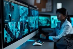 A detailed close-up of a high-resolution security monitor displaying four split-screen feeds of public areas, being reviewed by an operator for active CCTV Monitoring
