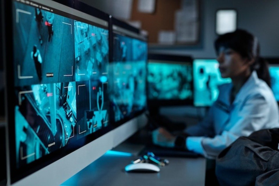 A detailed close-up of a high-resolution security monitor displaying four split-screen feeds of public areas, being reviewed by an operator for active CCTV Monitoring