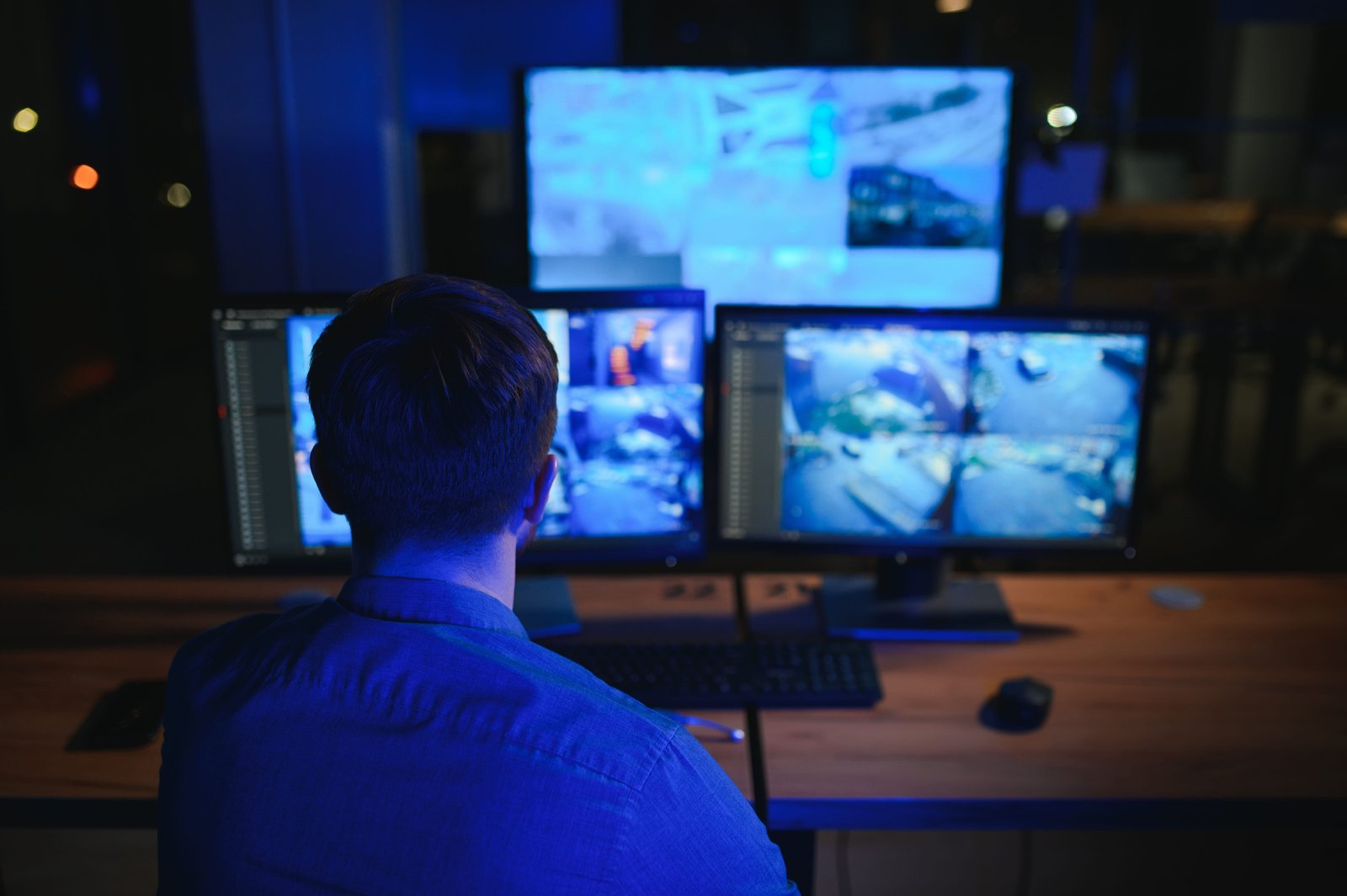 A rear view of a security operator monitoring multiple high-definition screens displaying AI CCTV Monitoring feeds and advanced Video Analytics for property security