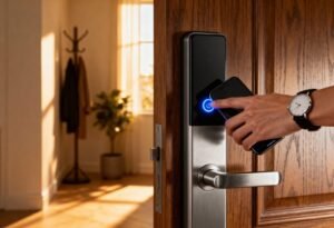A close-up of a person using a smartphone to unlock a glowing digital door lock, illustrating how daily Virtual Doorman Work integrates seamlessly with a modern Virtual Doorman System for smart Access Control.