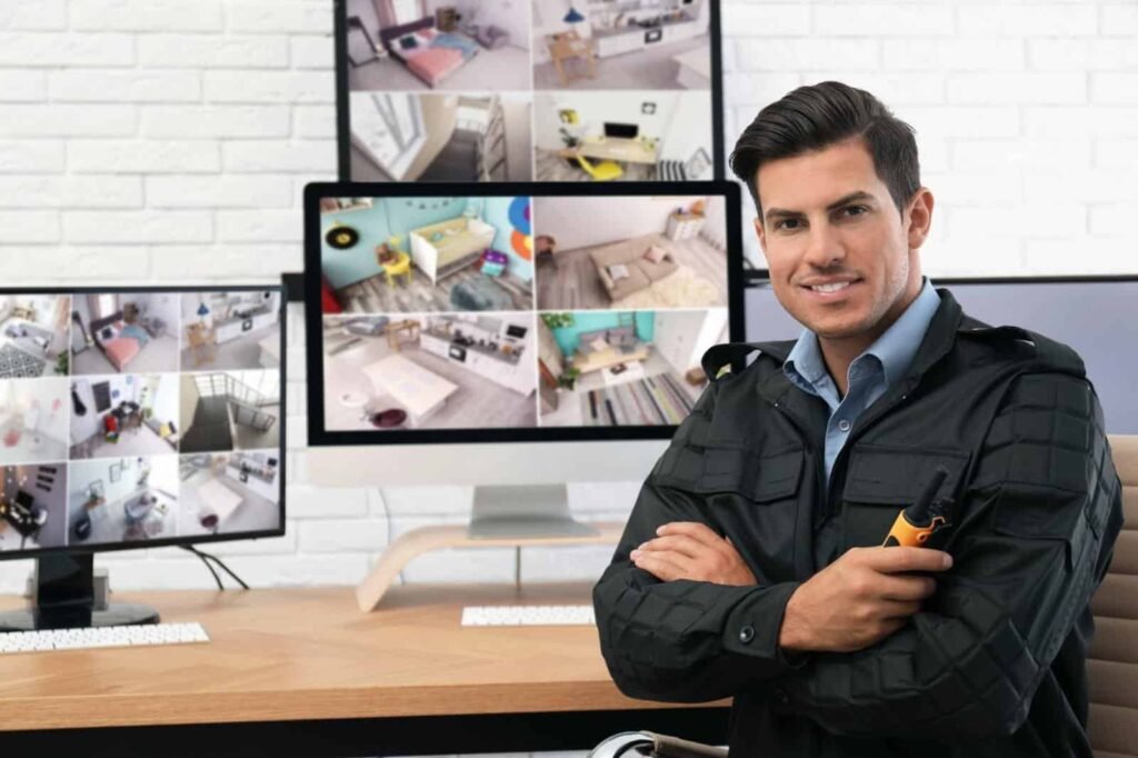 A smiling security professional holding a radio while sitting at a desk with multiple camera feeds, representing a reliable Virtual Doorman Provider utilizing a modern Virtual Doorman System for top-tier Building Security