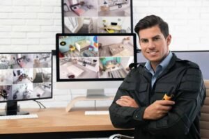 A smiling security professional holding a radio while sitting at a desk with multiple camera feeds, representing a reliable Virtual Doorman Provider utilizing a modern Virtual Doorman System for top-tier Building Security