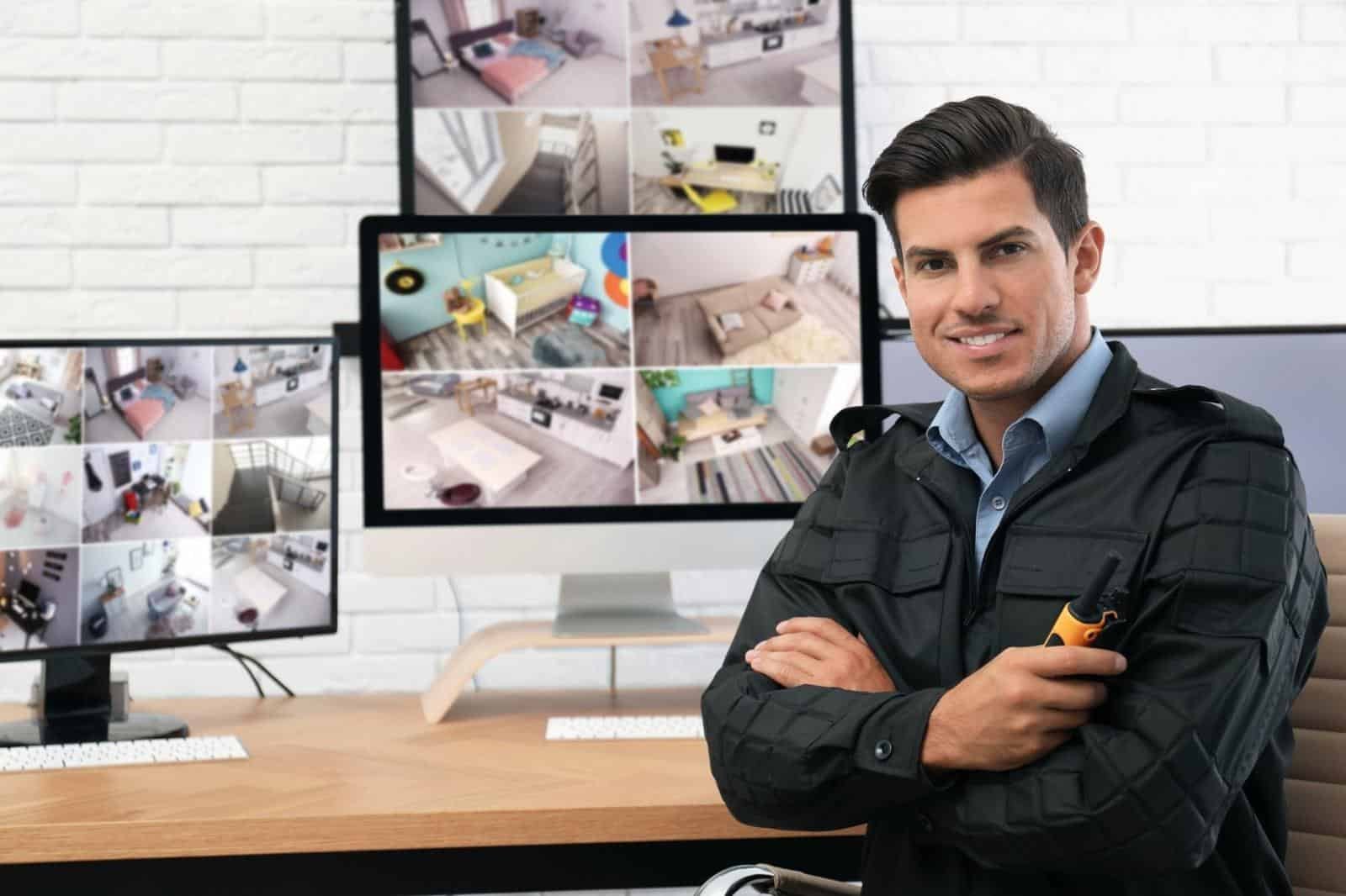 A smiling security professional holding a radio while sitting at a desk with multiple camera feeds, representing a reliable Virtual Doorman Provider utilizing a modern Virtual Doorman System for top-tier Building Security