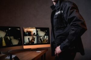 A focused male security operator with a headset in a high-tech control room bathed in blue/magenta light, actively observing a wall of 15 multi-split screens displaying comprehensive CCTV surveillance from diverse commercial video surveillance environments. The scene provides a perfect visual for the debate of CCTV Monitoring vs Security Guards, illustrating how modern technology allows for massive scale in remote security and live security camera monitoring.