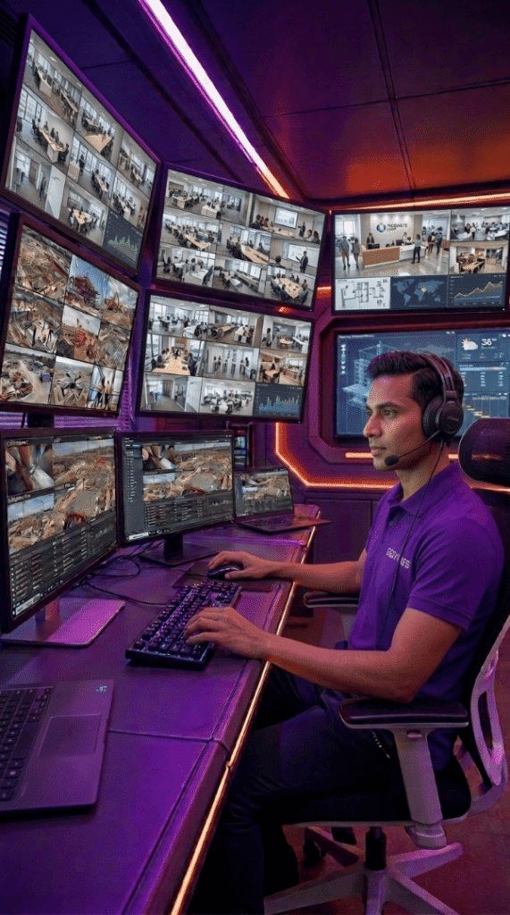 Commercial video surveillance cameras monitoring a business premises entrance and office building for 24/7 security. Remote Video Surveillance