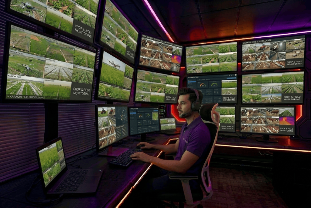Agricultural surveillance operator monitoring live farm security cameras across machinery barn, crop perimeter and livestock yard