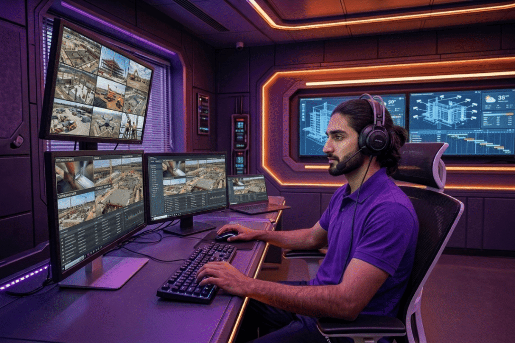 Construction surveillance operator monitoring live building site security camera feeds at night