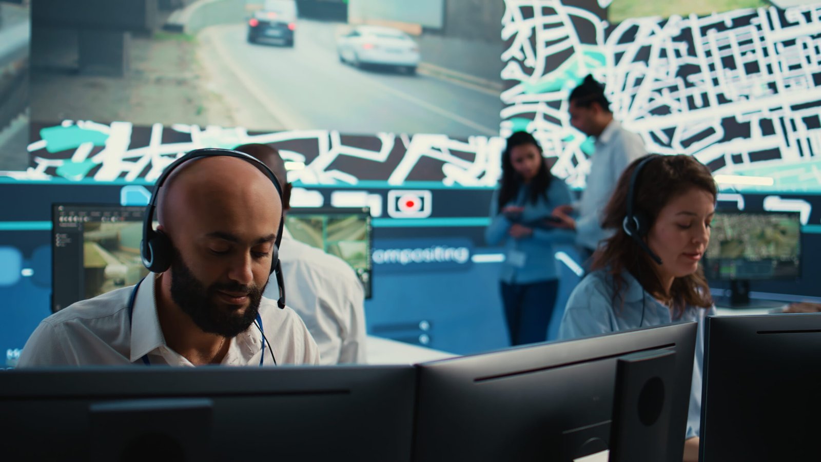 A diverse team of professionals with headsets actively managing data in a high-tech control room, highlighting the Virtual Doorman vs Traditional debate by offering a modern CCTV monitoring service as an alternative to traditional security.