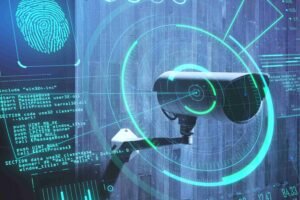 A wall-mounted security camera surrounded by glowing digital biometric and code overlays, representing highly advanced Intelligent Surveillance technology and modern intelligent surveillance solutions.