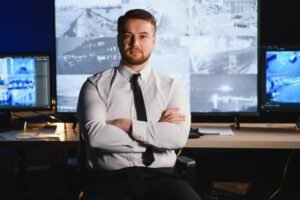 A confident professional sitting with crossed arms in a control room surrounded by high-tech Surveillance Equipment, monitoring live feeds from multiple Security Cameras to ensure a secure video surveillance system.