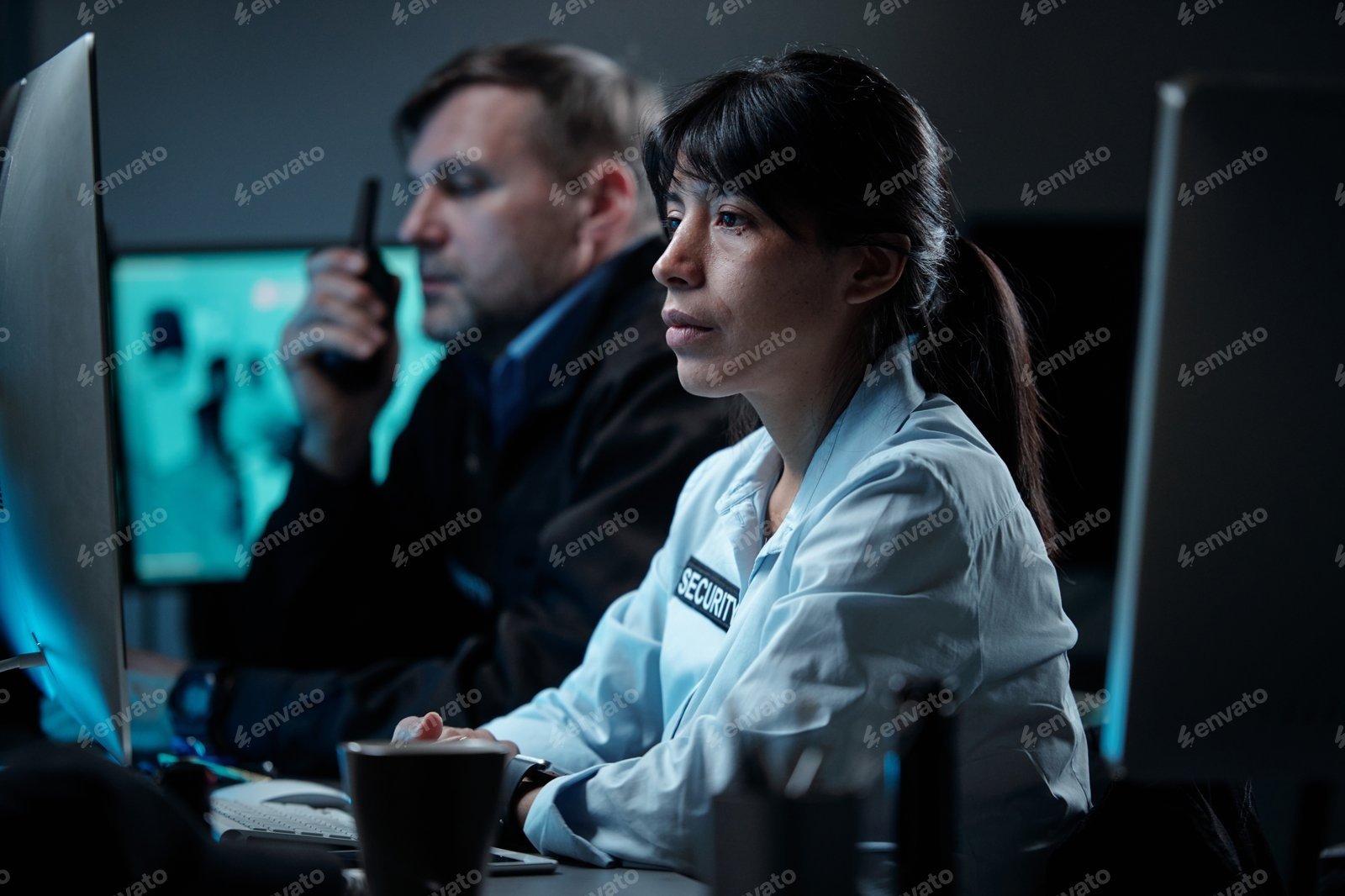Two focused security guards in a dark control room actively managing Video Surveillance, representing the dedicated personnel and technology that determine your final CCTV Monitoring Bill.
