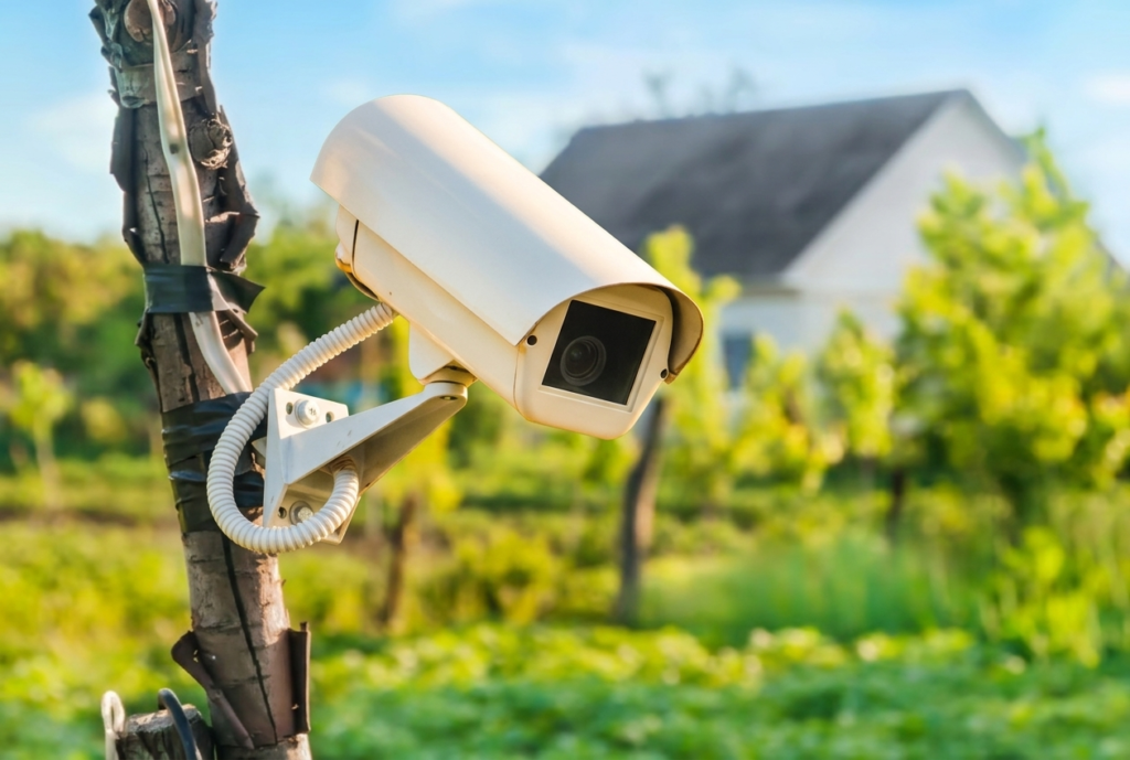 CCTV Monitoring for Farms - Outdoor security camera mounted on wooden post for farm surveillance monitoring and video surveillance protection