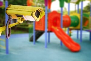 A yellow outdoor security camera overlooking a blurred, colorful children's playground, highlighting the importance of CCTV Monitoring for Daycare Centers to ensure child safety through a reliable CCTV monitoring service and proactive security measure monitoring.