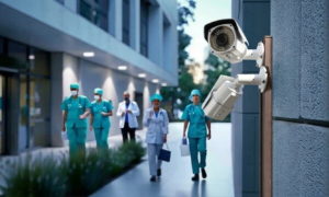 A close-up of two outdoor bullet security cameras mounted on a modern building's exterior, with blurred medical professionals walking in the background, illustrating the critical importance of CCTV monitoring for healthcare and active video surveillance to ensure staff safety through a reliable security camera monitoring service.
