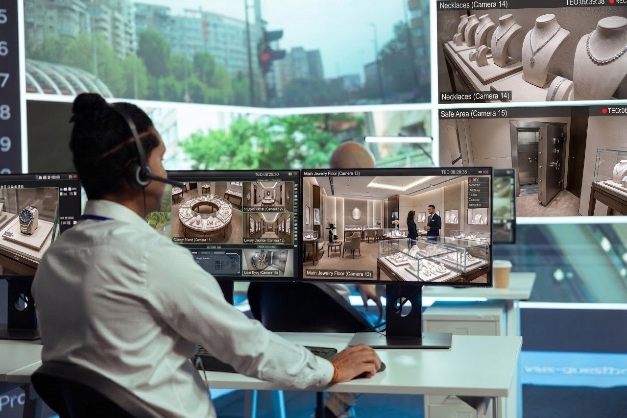 A security operator wearing a headset sits at a multi-monitor workstation actively watching live video feeds of high-value merchandise and safe rooms, highlighting the crucial role of CCTV Monitoring for Jewellery Stores in providing reliable CCTV monitoring services and active video surveillance.