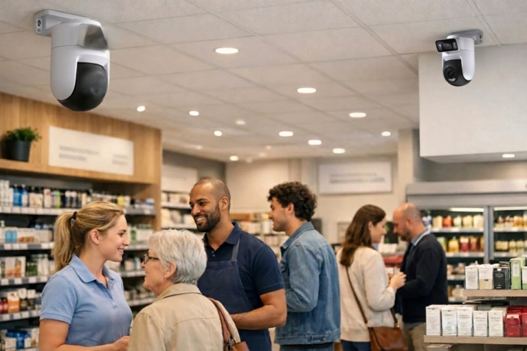 Two prominent, ceiling-mounted dome security cameras actively overlooking a busy retail dispensary where staff assist customers, demonstrating the essential role of CCTV monitoring for pharmacies in ensuring robust pharmacy security and comprehensive video surveillance.