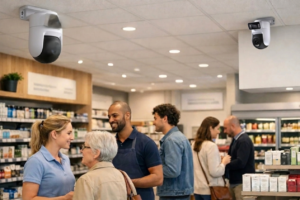 Two prominent, ceiling-mounted dome security cameras actively overlooking a busy retail dispensary where staff assist customers, demonstrating the essential role of CCTV monitoring for pharmacies in ensuring robust pharmacy security and comprehensive video surveillance.