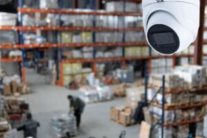A close-up of a white dome security camera overlooking a bustling warehouse floor, illustrating the importance of CCTV Monitoring for Small Business to enhance small business security through a reliable CCTV monitoring service.