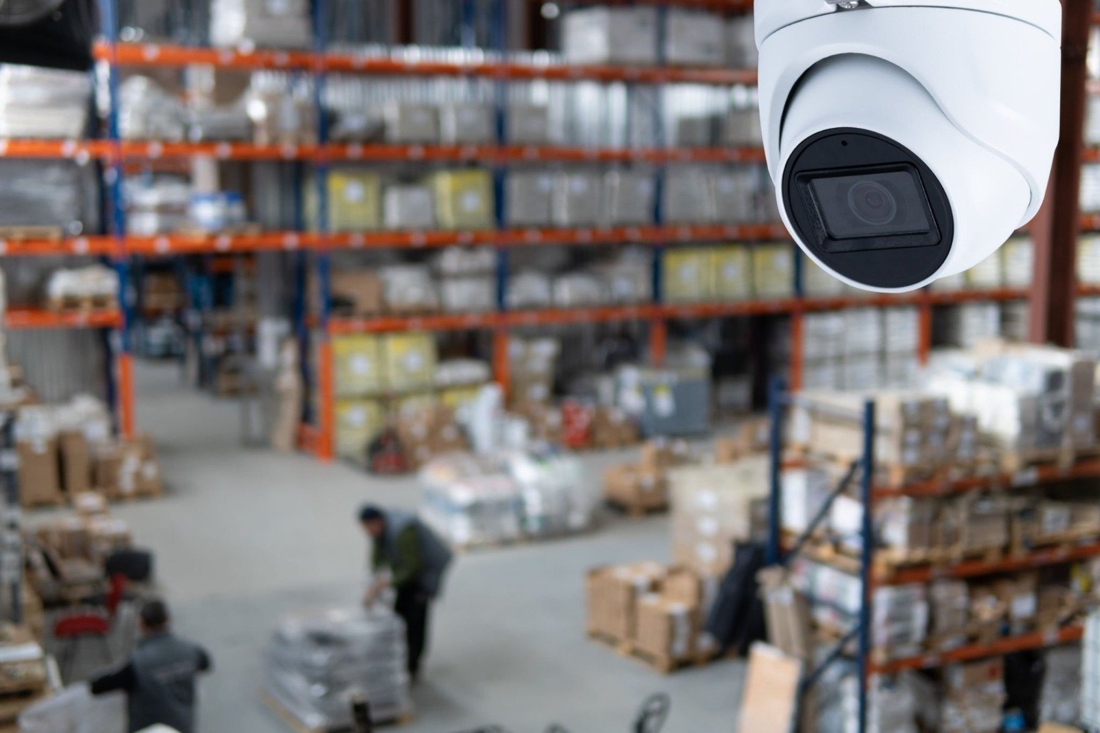 A close-up of a white dome security camera overlooking a bustling warehouse floor, illustrating the importance of CCTV Monitoring for Small Business to enhance small business security through a reliable CCTV monitoring service.